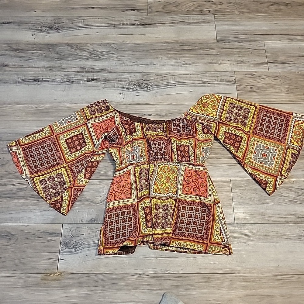 Judith March Off-Shoulder Top Large Tunic Bell Sleeve Geometric Patchwork Print